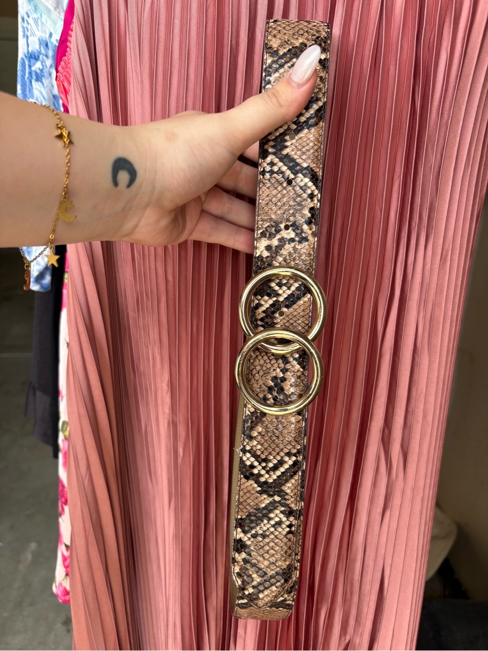 Express Snake-Print Belt with Gold Double Rings - Brown & Black